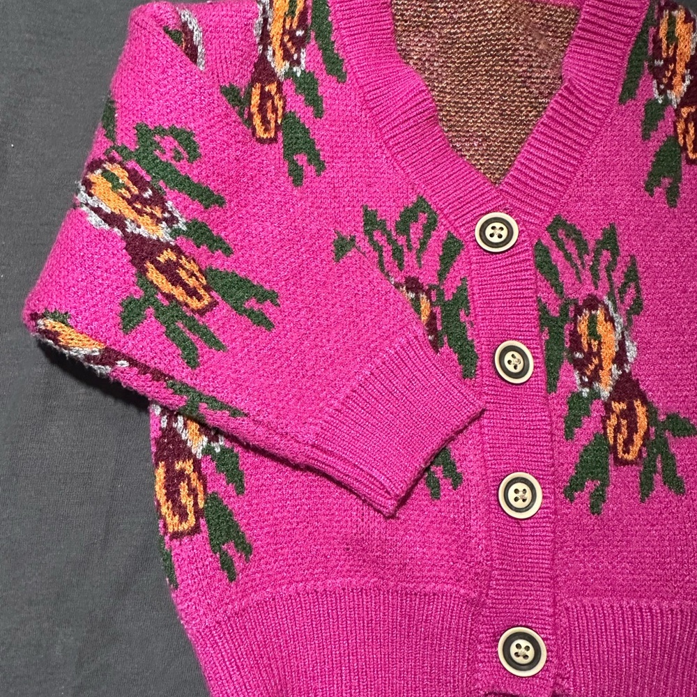 Floral Knit Button-Up Sweater - Pink